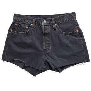 Levis 501 High Rise Womens Black Cutoff Raw Hem Jean Shorts Button Fly Size 28